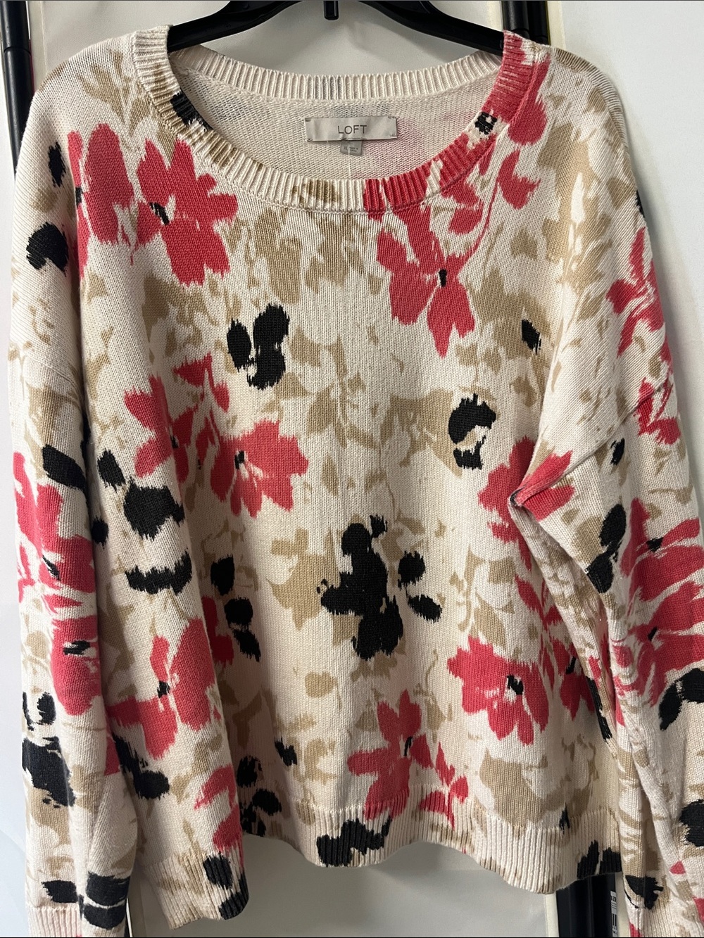 LOFT XL Cream Crewneck Sweater with Pink & Black Floral Print